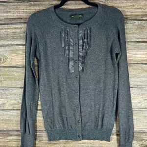 Eddie Bauer Grey Knit Long Sleeve Cardigan Sweater Ruffle Front Size Small